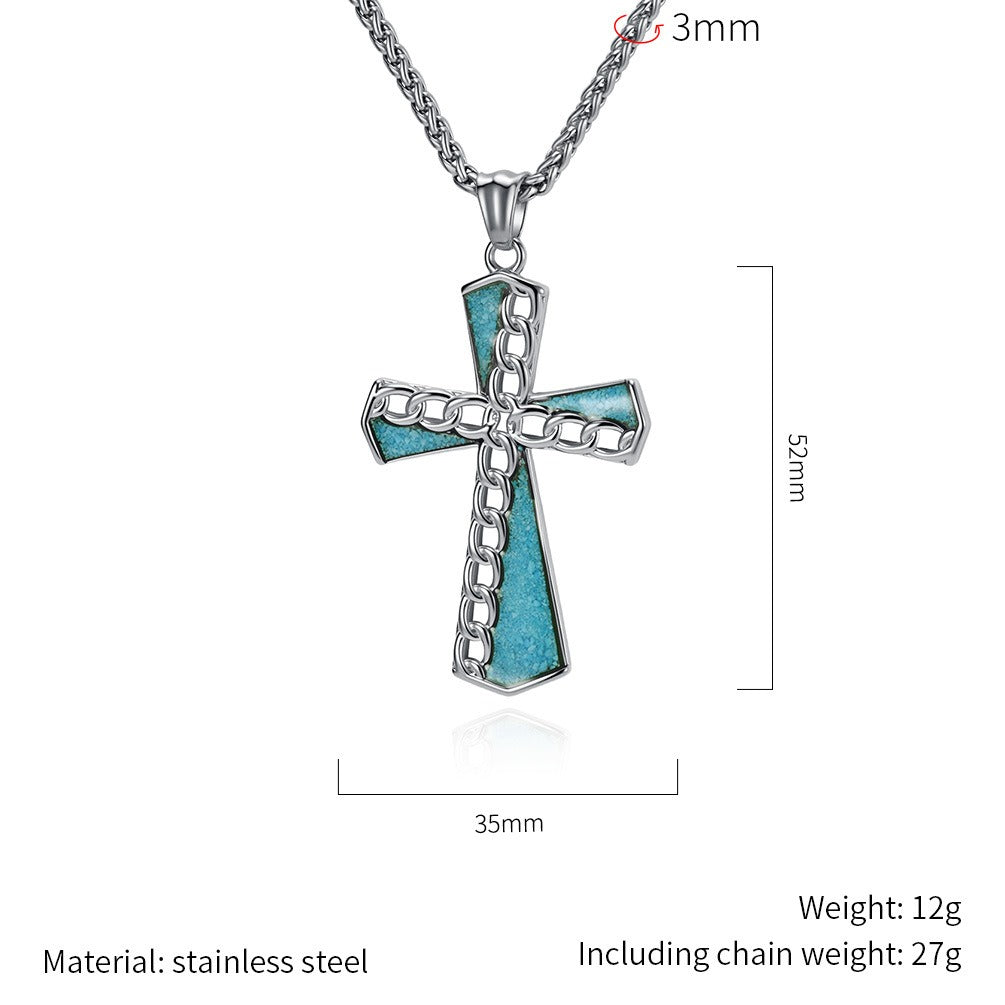 Kemstone Turquoise Inlay Stainless Steel Chain Cross Pendant Necklace for Men K-PT700
