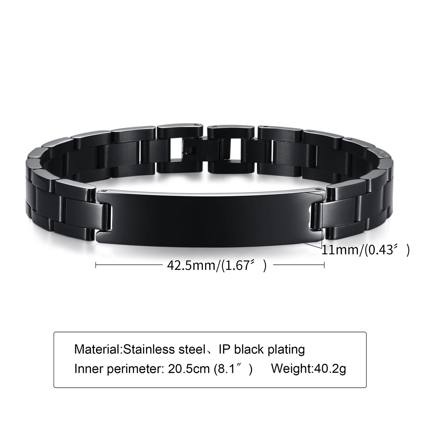 Kemstone Black Stainless Steel ID Link Bracelet for Men & Women – Curved Nameplate Watchband Chain BR-975