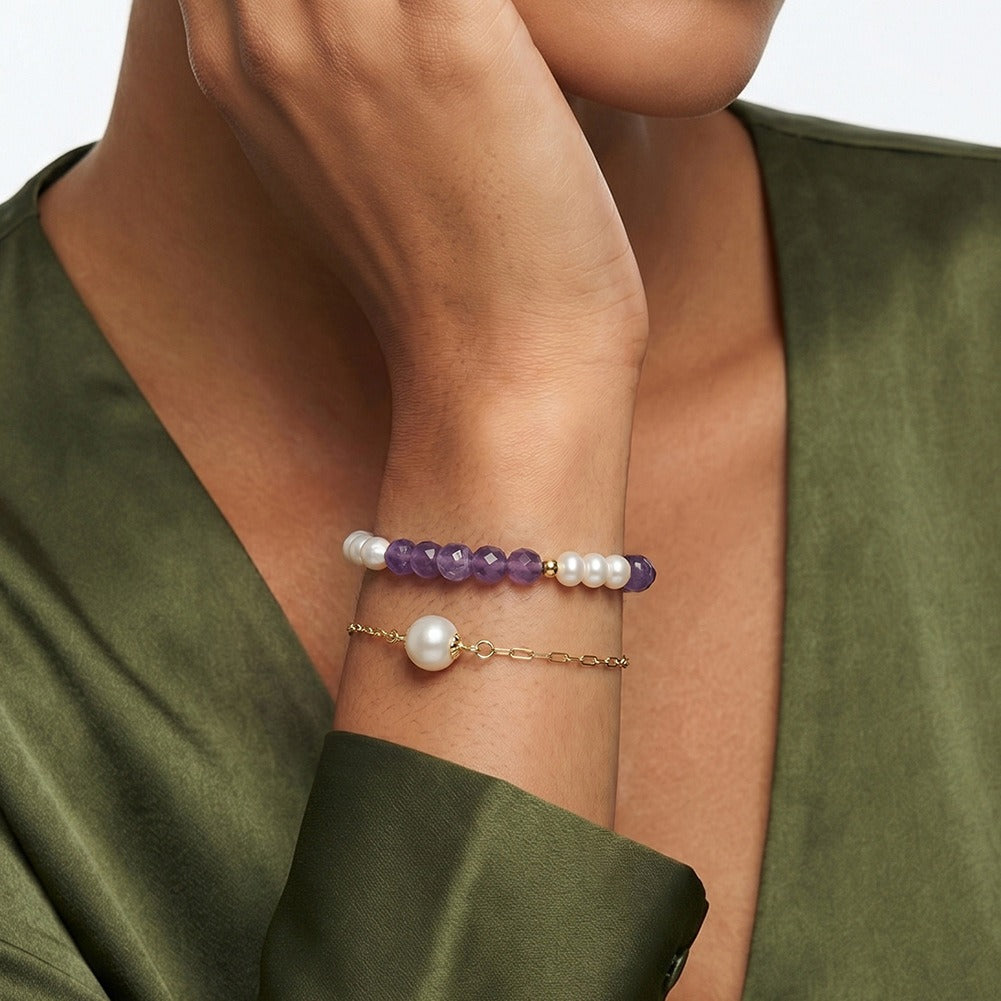 Kemston Amethyst & Freshwater Pearl Beaded Bracelet for Women 925 Sterling Silver MPB17