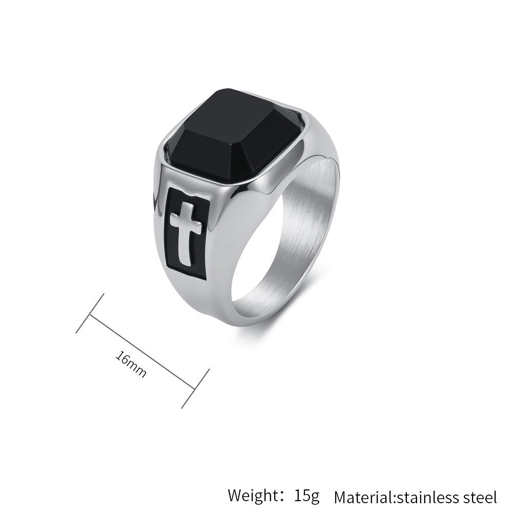 Kemstone Stainless Steel Black Resin Cross Signet Ring for Men K-R1121
