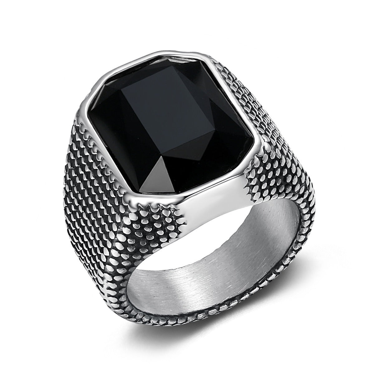 Kemstone Hip-hop Retro Distressed Zircon Men's Ring - Wide Band Stainless Steel Edgy Single Statement Piece TR0441