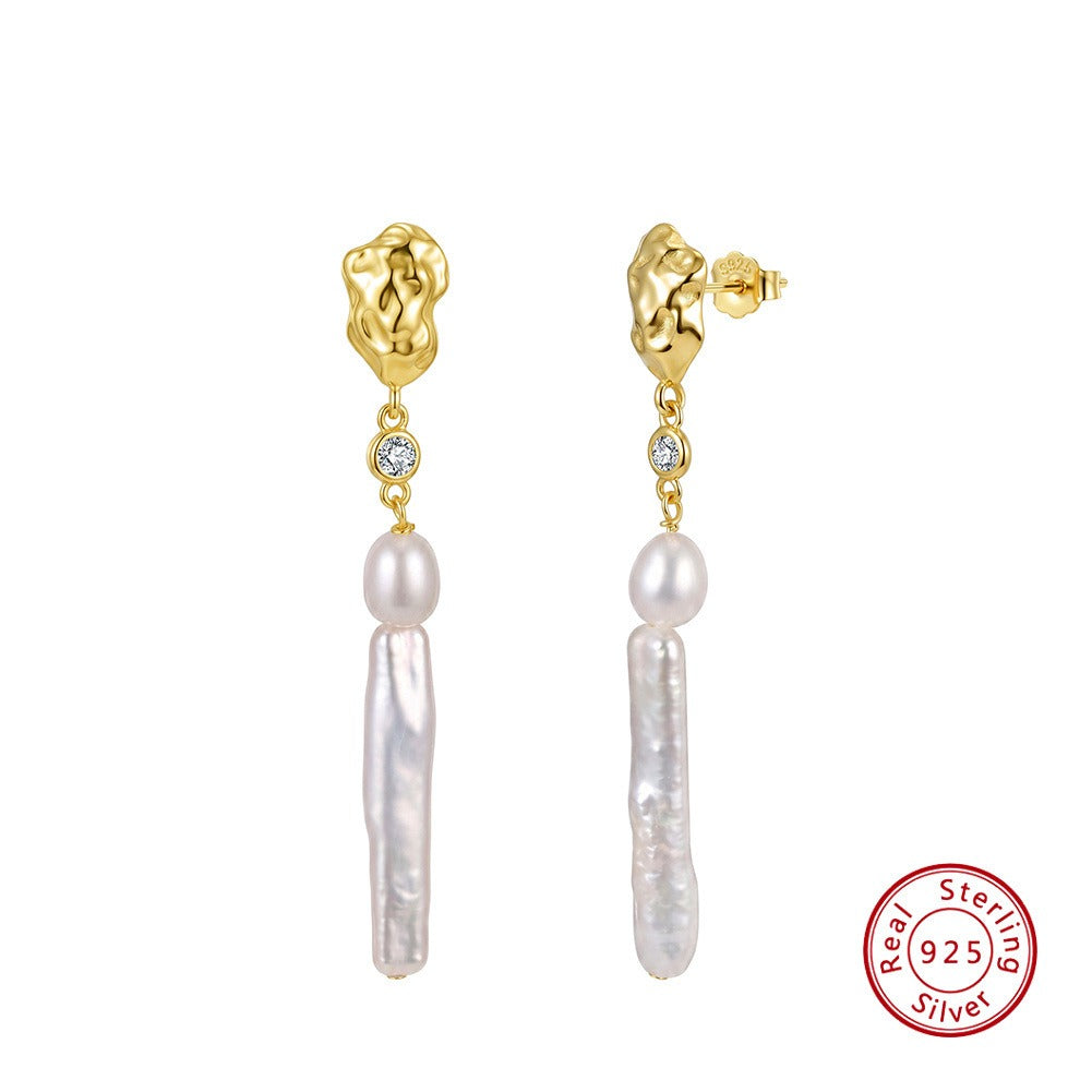 Kemstone Long Freshwater Pearl Drop Earrings for Women 925 Sterling Silver Textured Stud GPE153