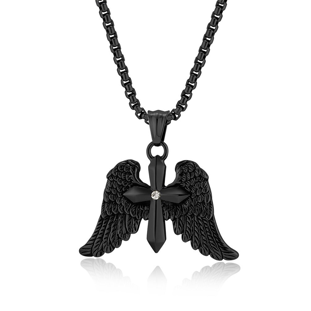 Kemstone  Meta Description Winged Cross Stainless Steel Pendant Necklace for Men – Punk Hip Hop Style, Silver Gold Black  K-PT573