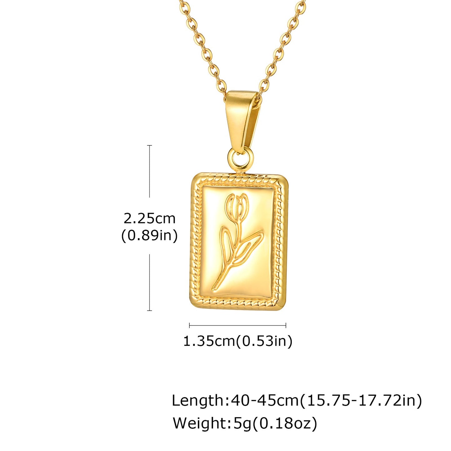 Handcrafted Stainless Steel Tulip-Pressed Square Pendant Necklace – Vintage Botanical Gold-Tone Jewelry for Women PN-2096