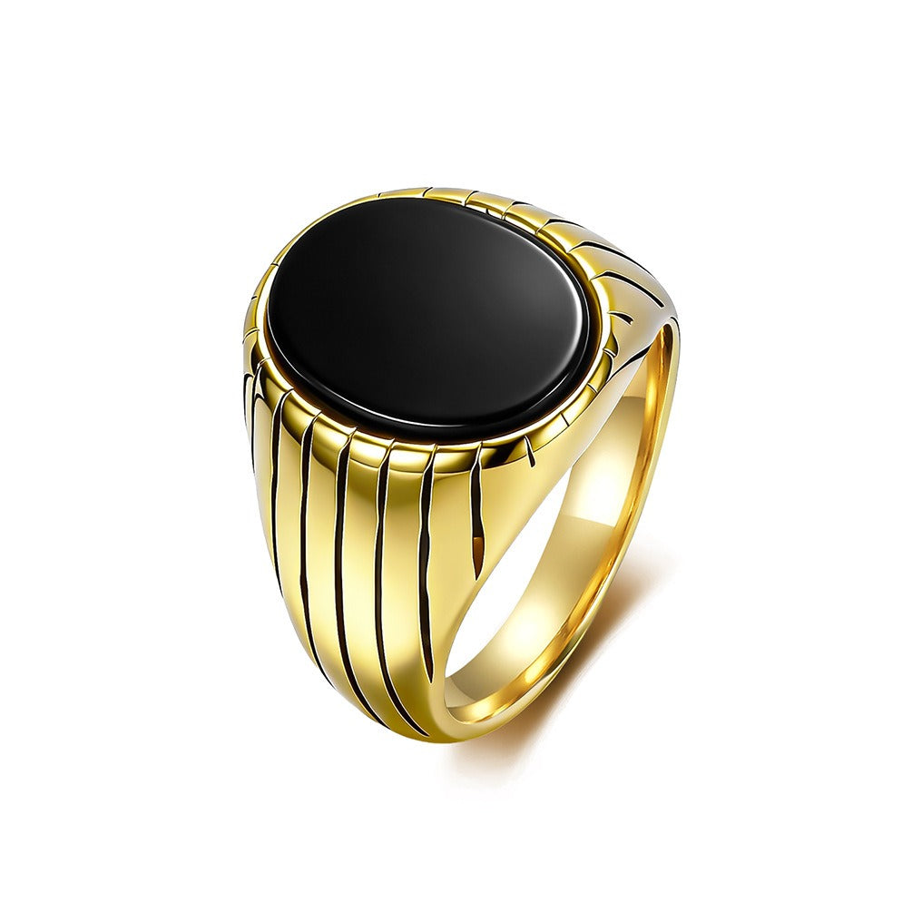 Kemstone Stainless Steel Black Stone Signet Ring for Men – Modern Masculine Oval Band K-R1175