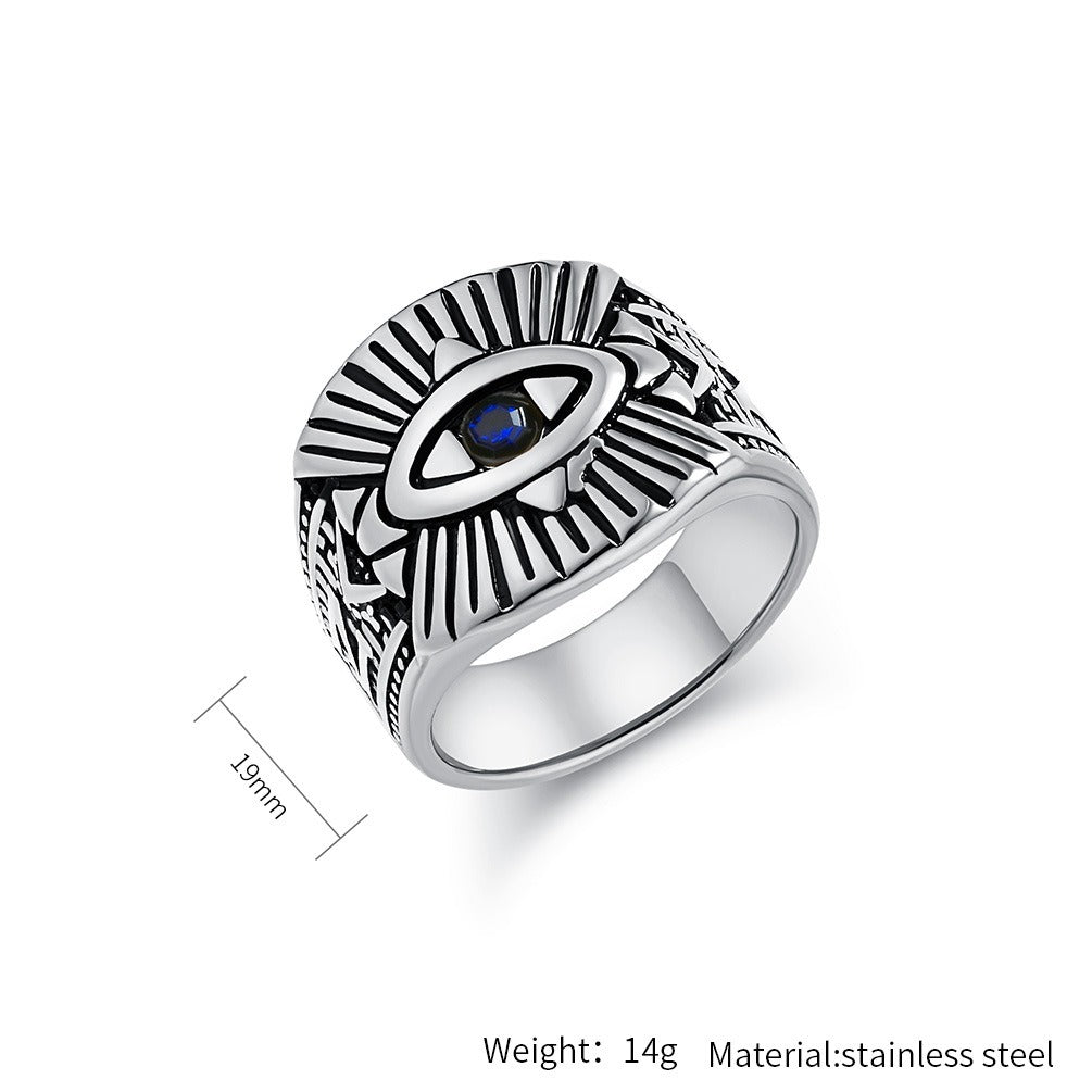 Kemstone Stainless Steel All-Seeing Eye Ring with Blue Zirconia for Men – Vintage Design K-R960