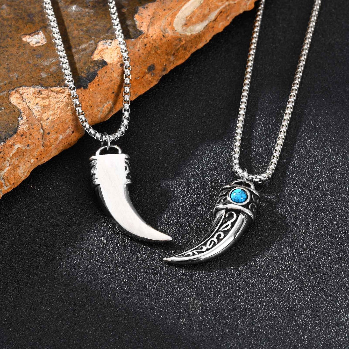 Kemstone Stainless Steel Horn Pendant Necklace – Vintage Turquoise Tribal Design for Men PN-2233
