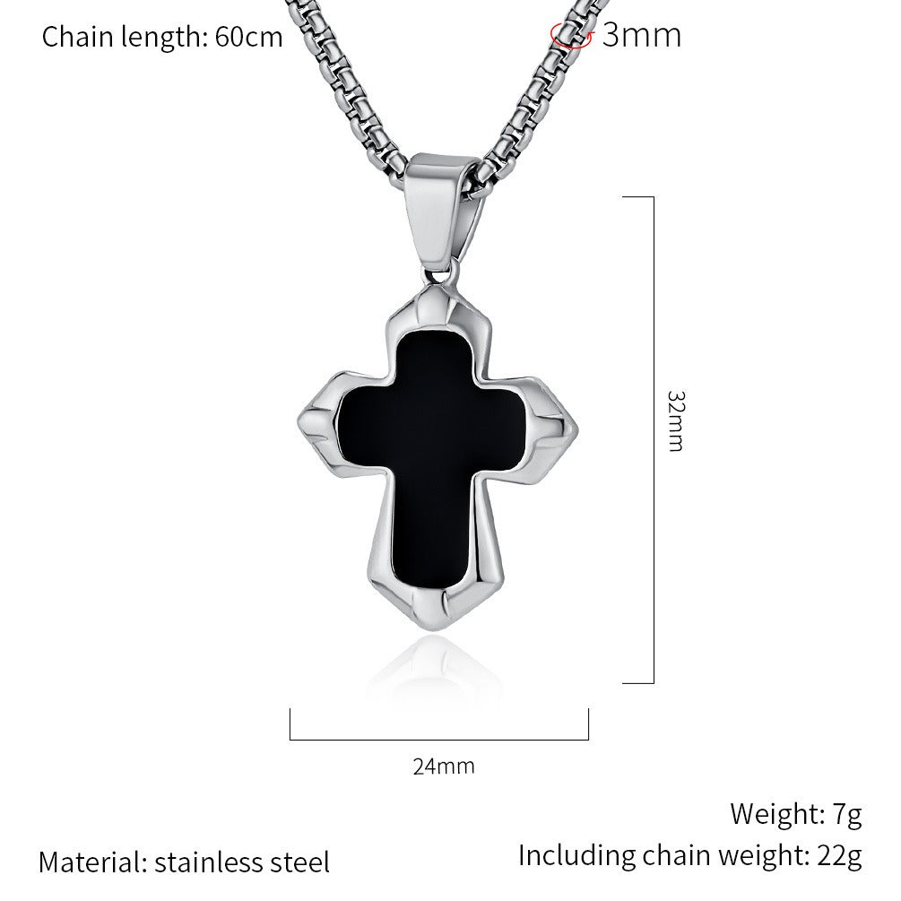 Kemstone Black Enamel Cross Necklace for Men Stainless Steel Faceted Edge K-PT560