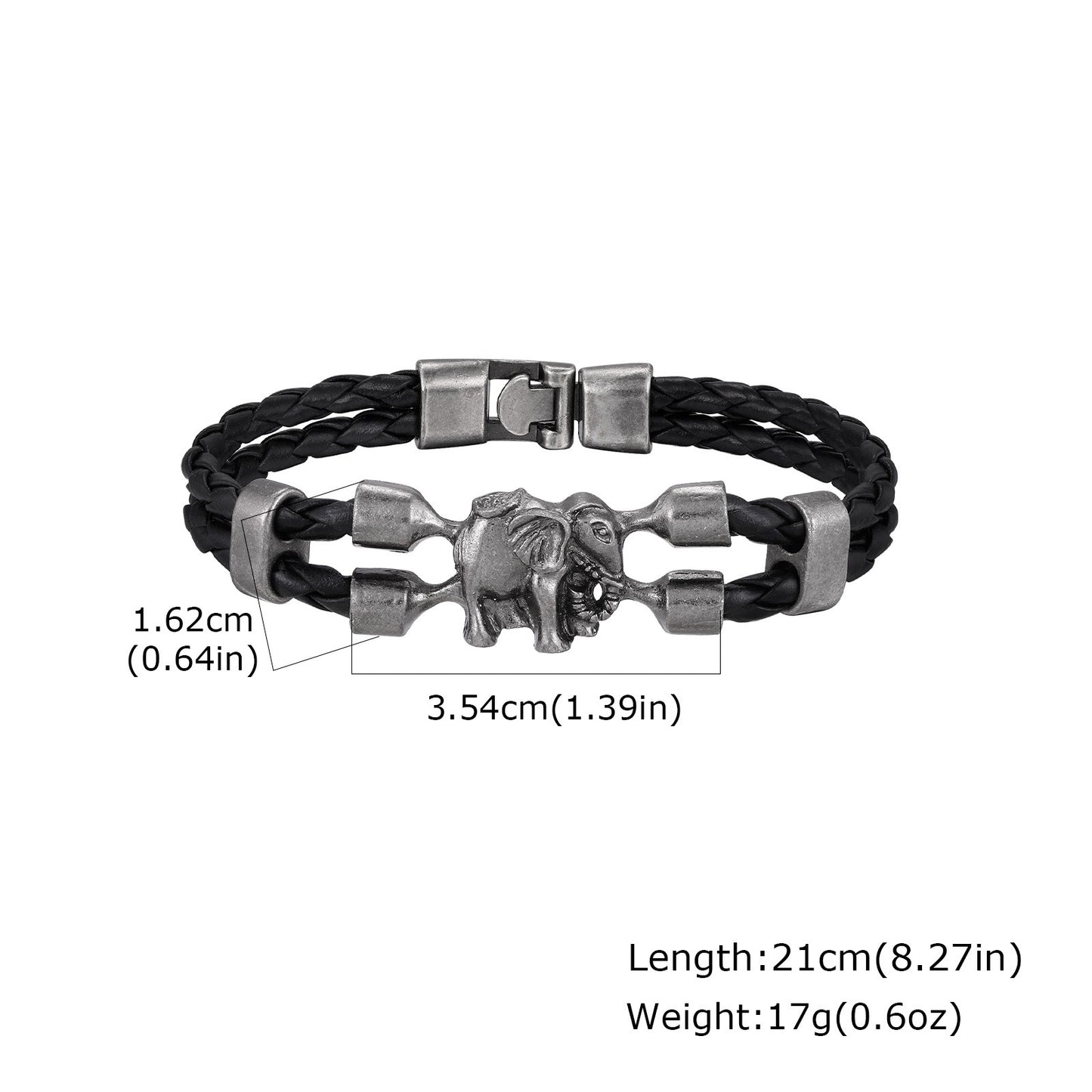Kemstone Elephant Leather Bracelet Double Braided Black PU Cord with Alloy Clasp for Men BL-825