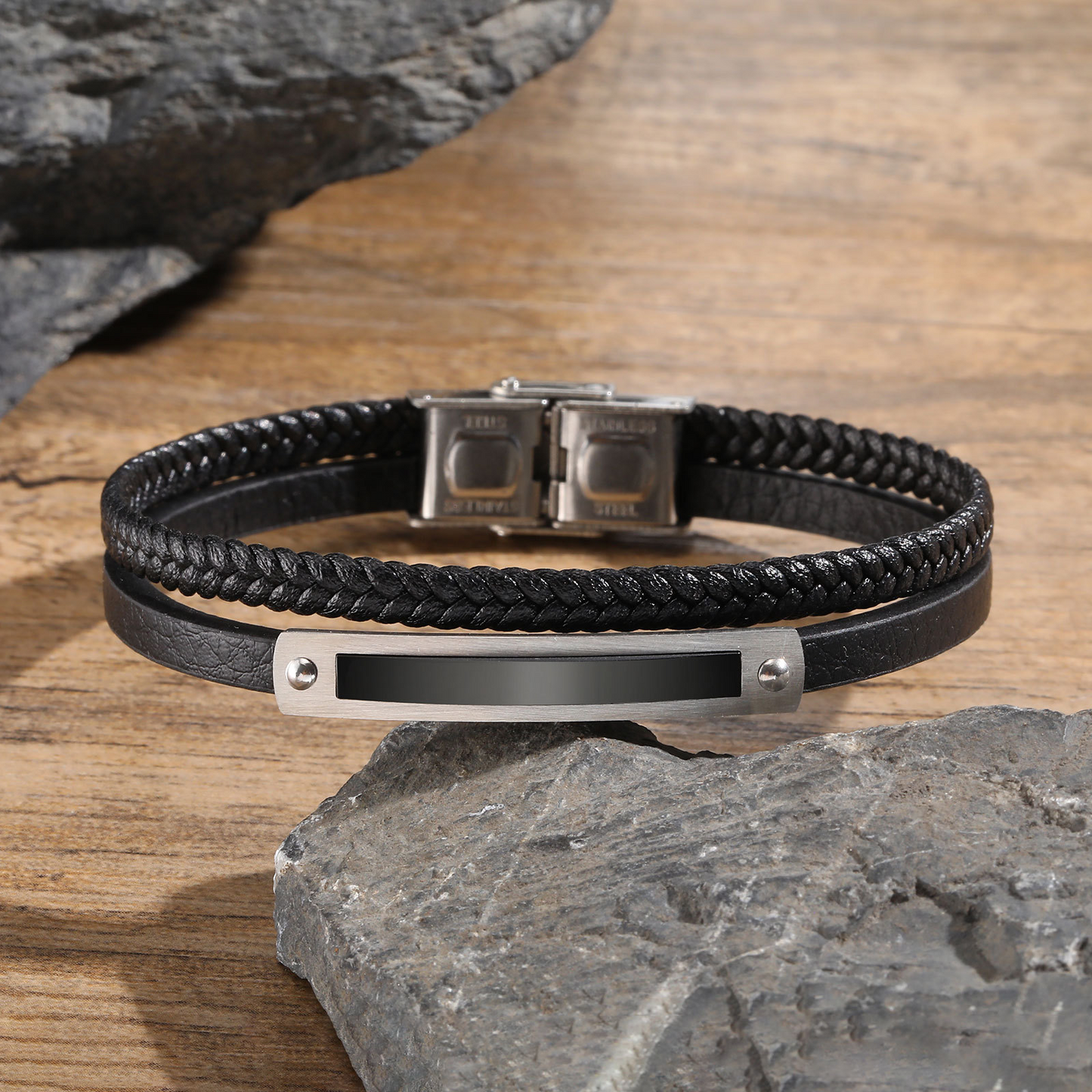 Kemstone Curved Plate Double-Layer Black PU Leather Bracelet for Men BL-782S