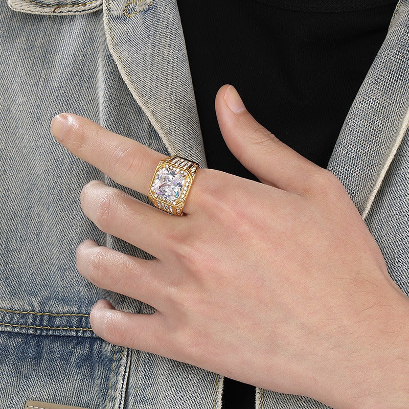 Anillo de acero de titanio Kemstone para hombre, banda ancha con incrustaciones de circonita 3A para un lujo diario KR112700-MZOZ