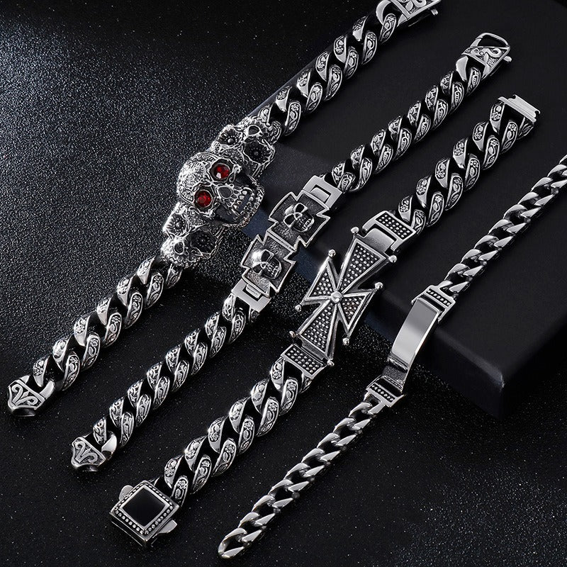 Kemstone Skull Cross Bracelet – Distressed Titanium Steel with Zircon Inlays | Gothic Punk Jewelry for Men KB112525-BD