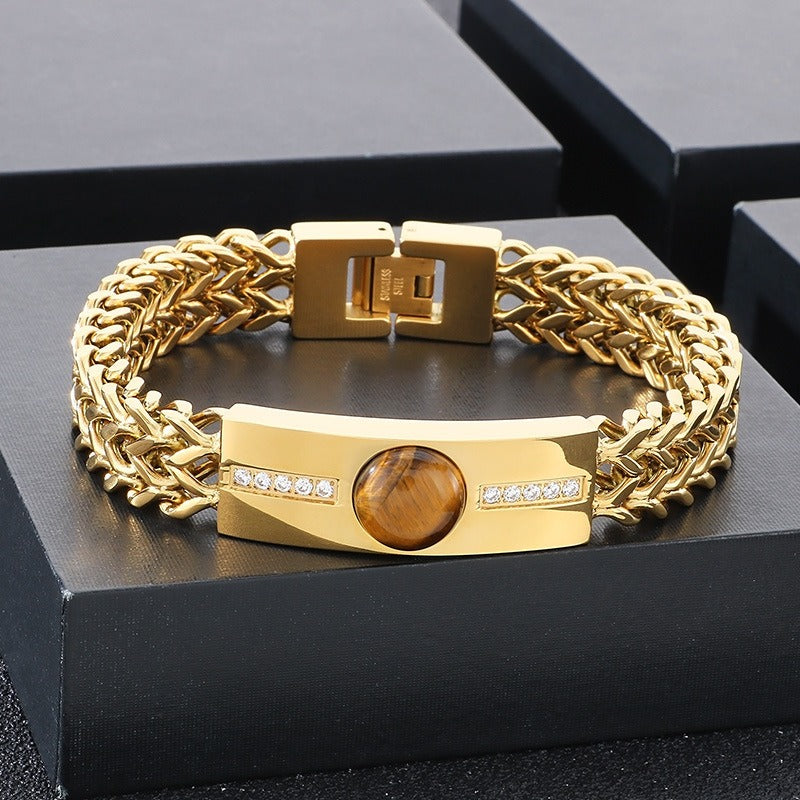 Kemstone Hiphop Zirconia-Encrusted Vintage Dual-Chain Tiger's Eye Stone Curb Men's Bracelet KB187685