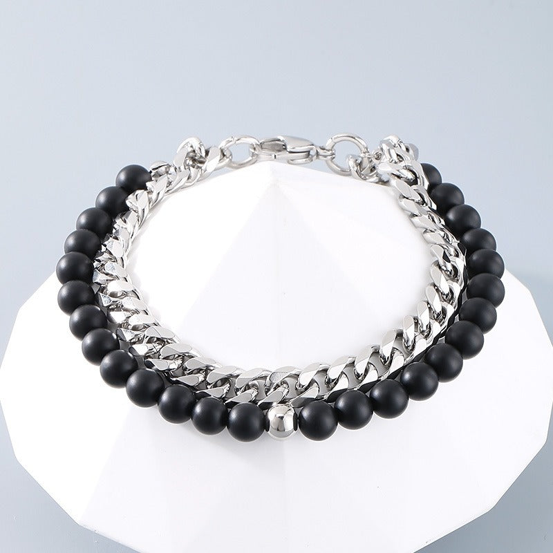 Kemstone Dual-Layer Onyx & Cuban Chain Bracelet – Stainless Steel Power Symbol KB185323-Z
