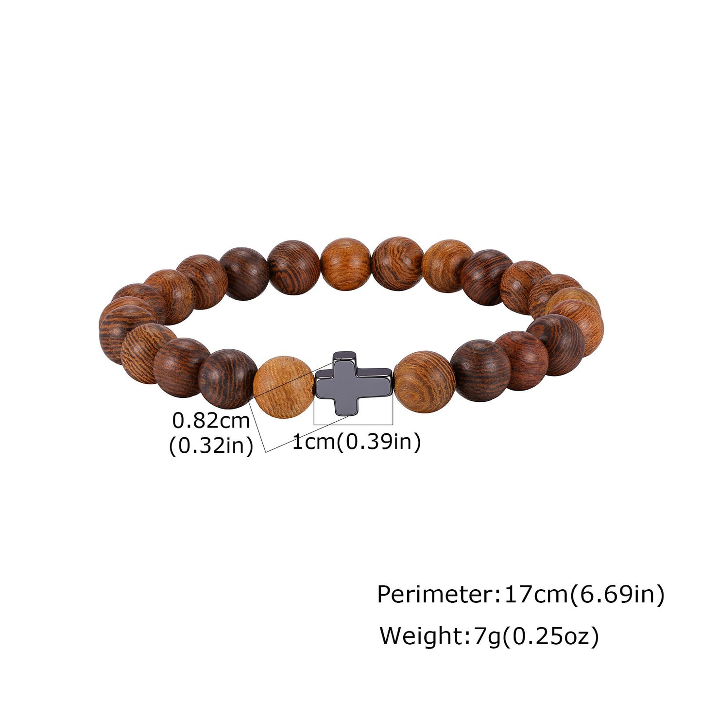 Kemston Wenge Wood Bead Cross Bracelet for Men & Women Black Stone Accent BR-3030