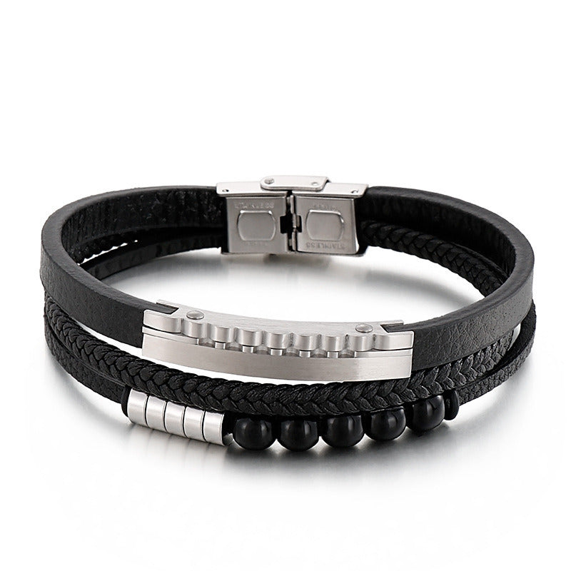 Kemstone Multi-Layer Braided Leather Bracelet for Men Beaded Titanium Steel KB147788-KLHQ