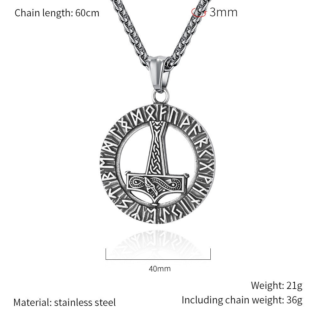 Kemstone Nordic Rune Hammer Pendant Necklace for Men Stainless Steel Engraved Vintage K-PT553