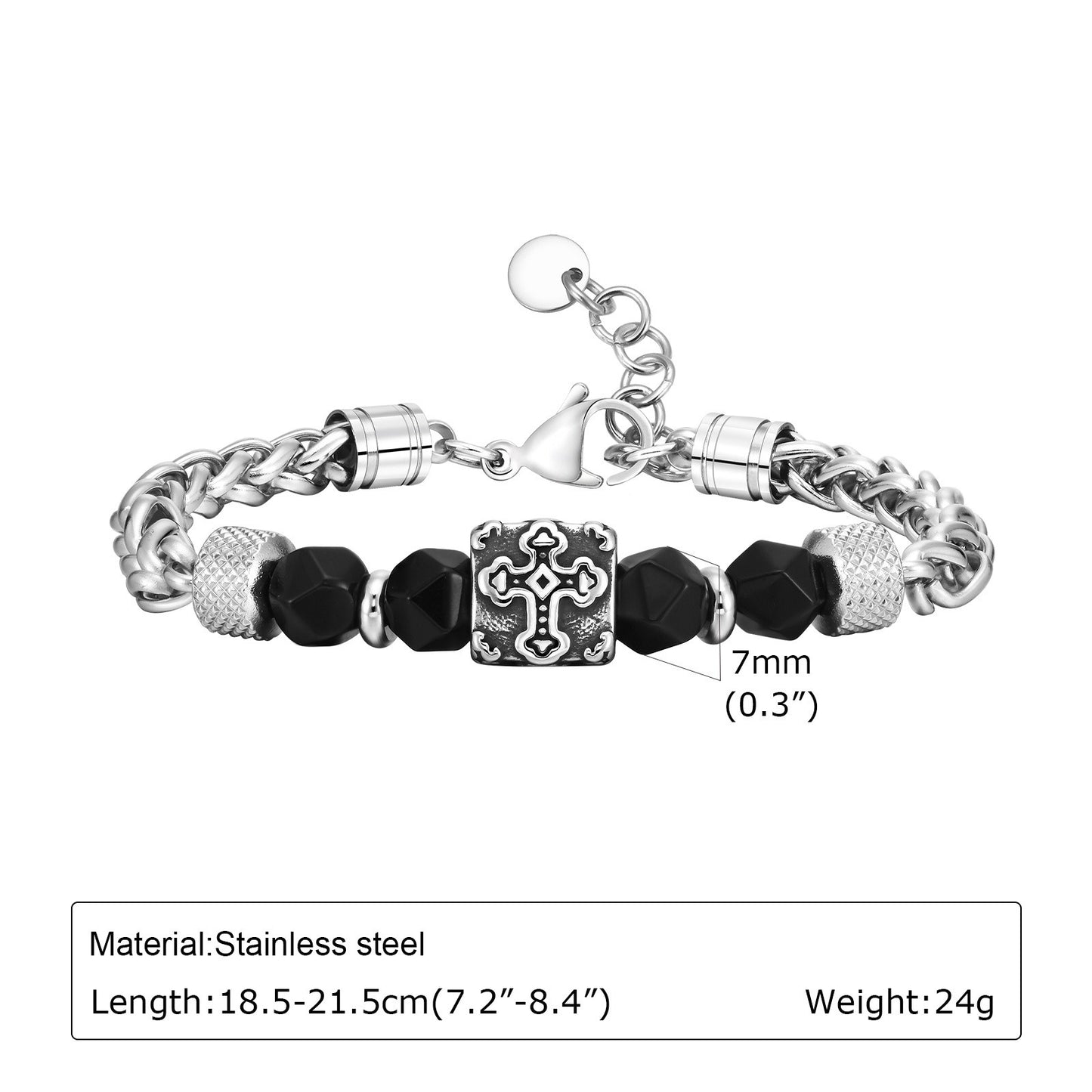 Kemstone Beaded Chain Bracelet for Men Stainless Steel Black Faceted Cross Detail BR-1907