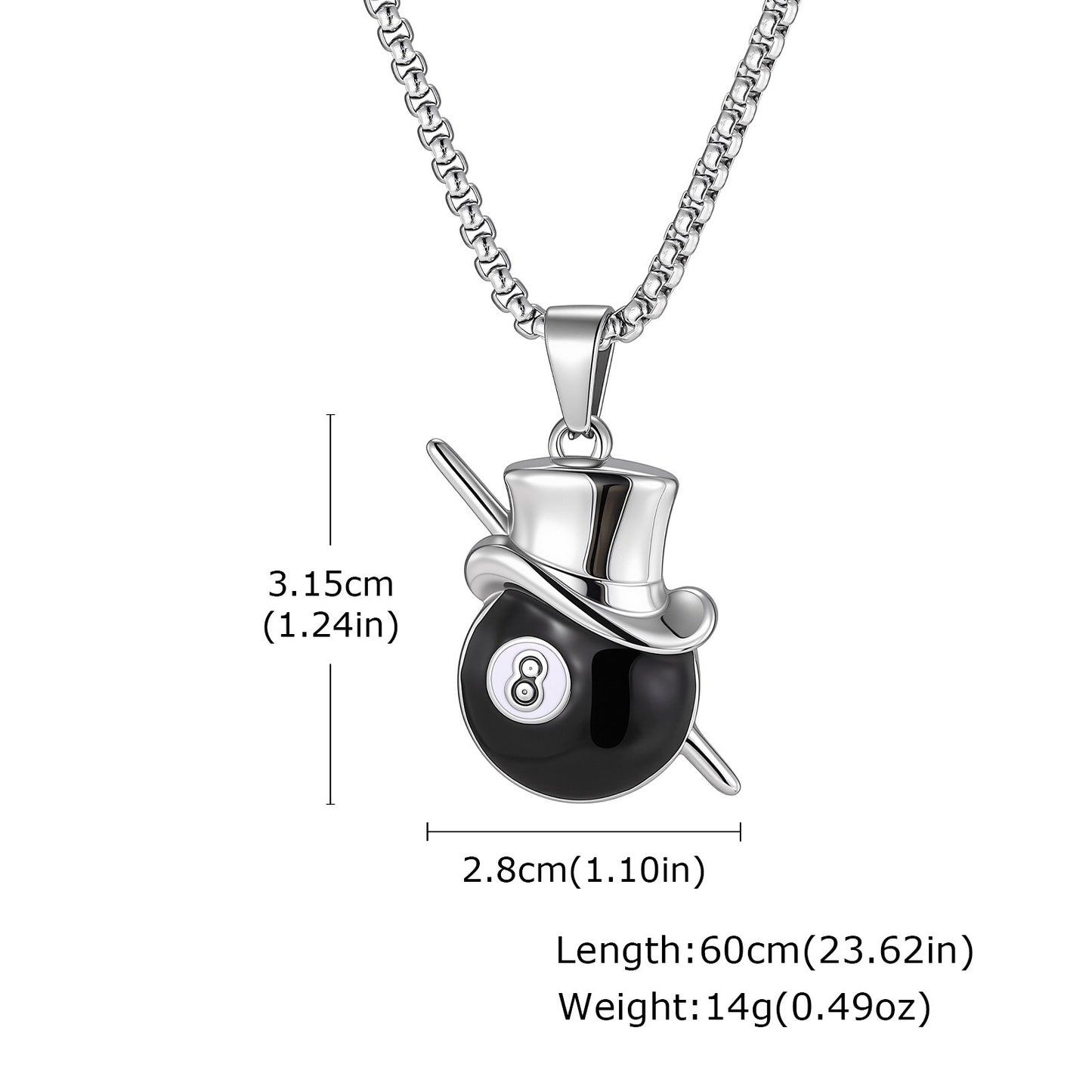 Kemstone 8 Ball Pool Pendant Necklace for Men Stainless Steel Billiard Cue Top Hat PN-2366