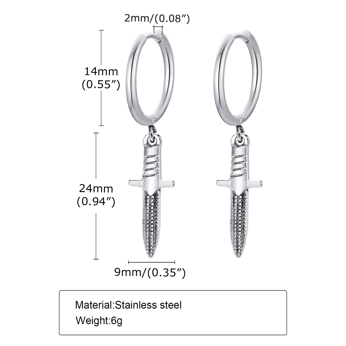 Kemstone Stainless Steel Dagger Hoop Earrings for Men ED-648