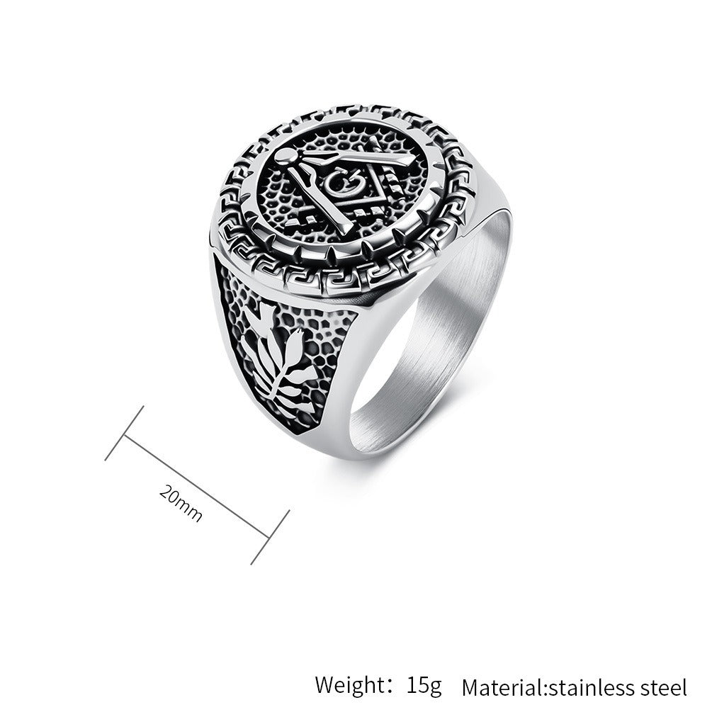 Kemstone Stainless Steel Vintage Geometric Compass Signet Ring for Men K-R11790