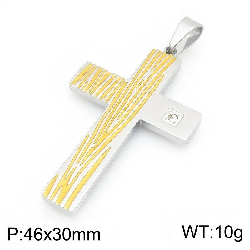 Kemstone Wood Grain Cross Pendant Necklace for Men Stainless Steel Cubic Zirconia Accent KP119491-HR