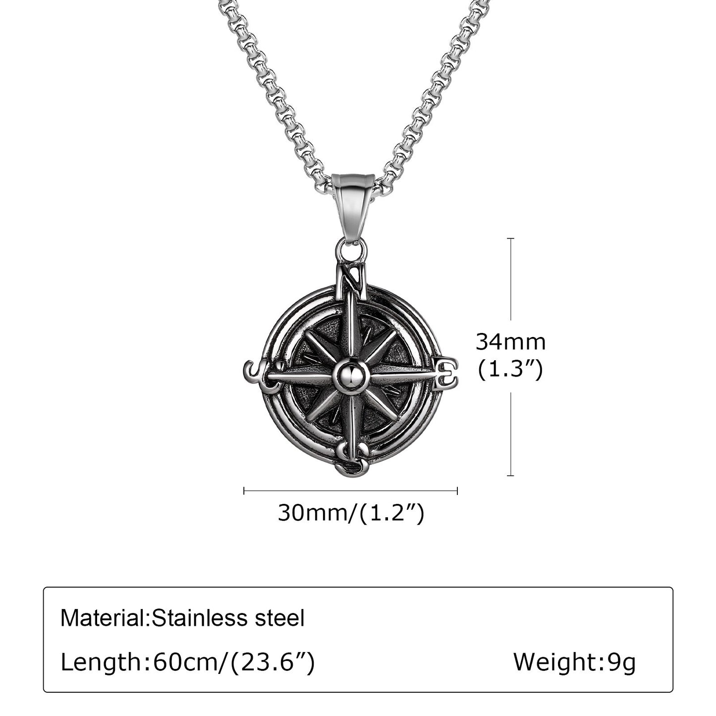 Kemstone Stainless Steel Compass Pendant Necklace for Men PN2051