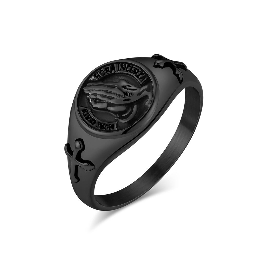 Kemstone Praying Hands Cross Signet Ring in Stainless Steel for Men,Silver Gold Black – K-R831