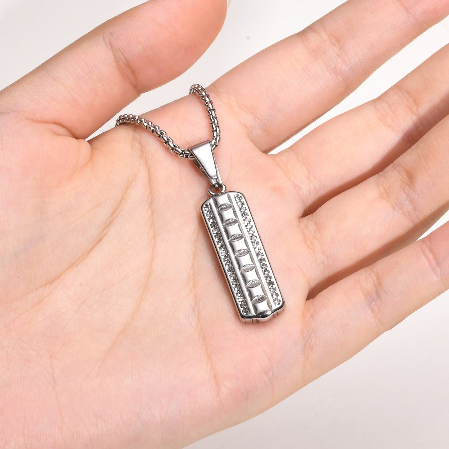 Kemstone Stainless Steel Rectangular Pendant Necklace for Men – Embossed Cubic Zirconia Silver PN-2070