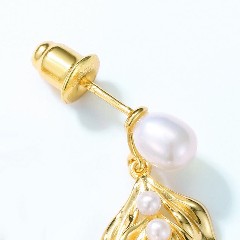 Pendientes de perla de plata S925, diseño original, hechos a mano por Kemstone - Estilo vintage francés