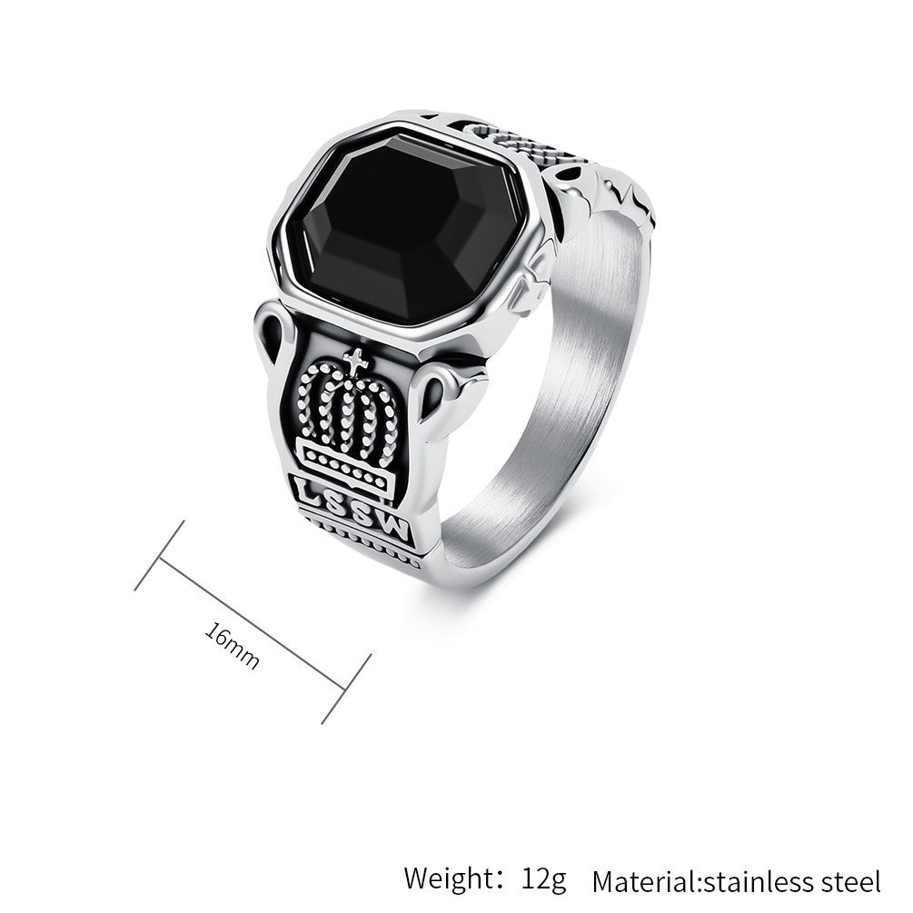 Kemstone Black Stone Signet Ring for Men Stainless Steel Crown Detail Vintage Silver Gold K-R1144