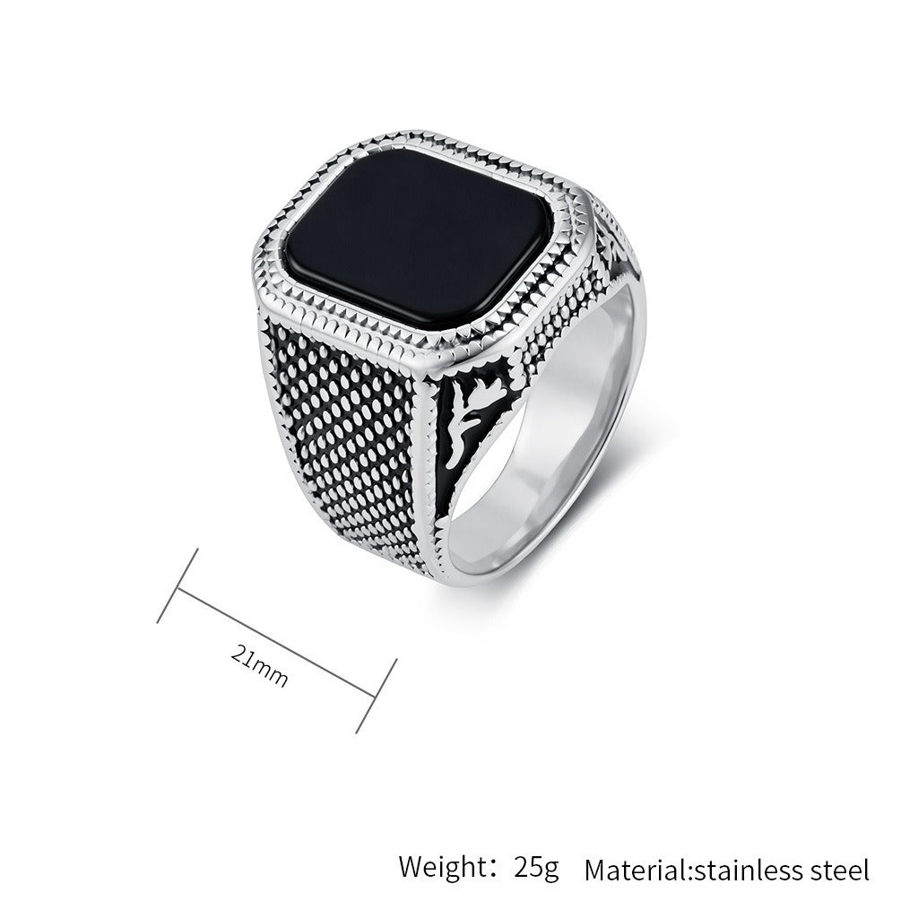 Kemstone Black Stone Signet Ring for Men Stainless Steel Textured Wide Band Vintage K-R1210