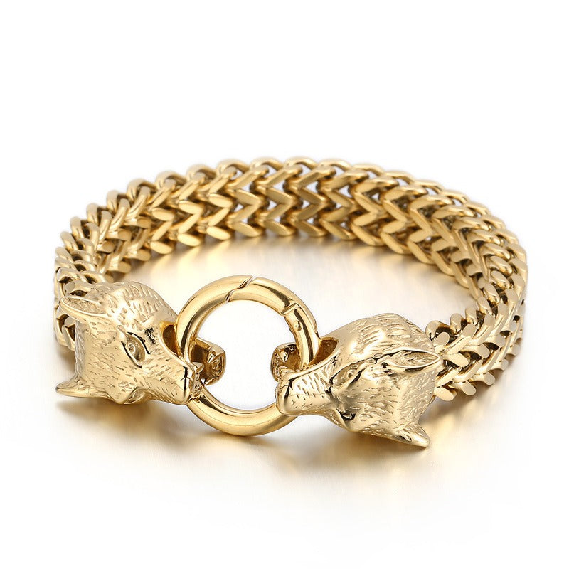 Kemstone Vintage Viking Wolf Head Titanium Steel Ring & Double Wolf Head Chain Bracelet Set - Punk Celtic Knot Adventure Jewelry for Men 	KR48275