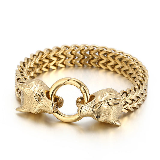 Kemstone Viking Wolf Ring & Double Wolf Chain Bracelet Set – Titanium Steel Norse Jewelry with Celtic Knot Details for Men KR48275