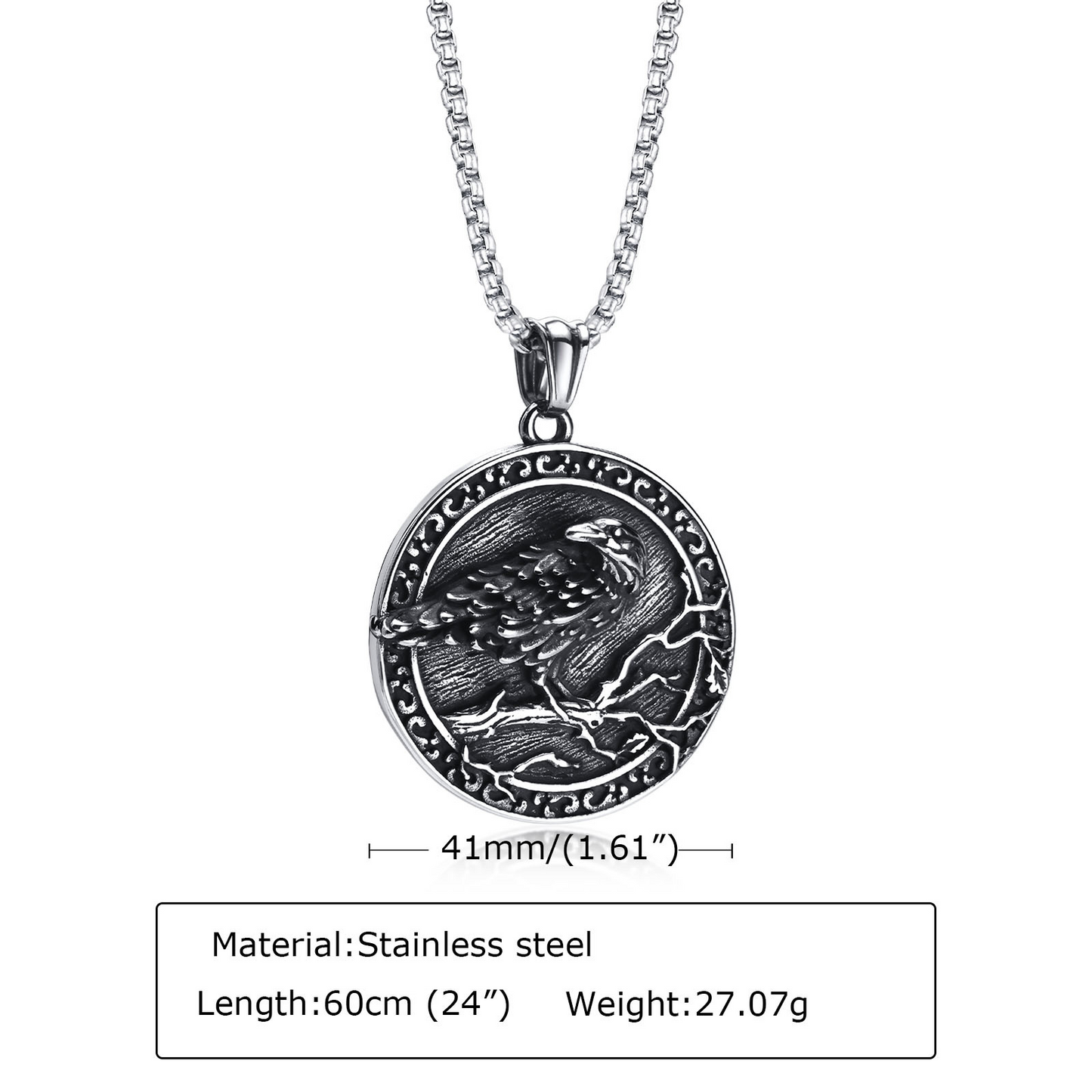 Kemston Raven Medallion Pendant Necklace for Men Stainless Steel Vintage Round PN-1642