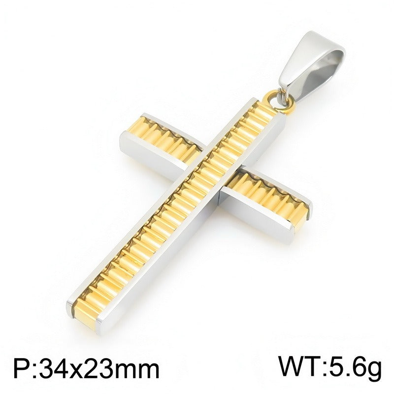 Kemstone Layered Cross Pendant Necklace for Men Stainless Steel Ribbed Design KP119486-HR