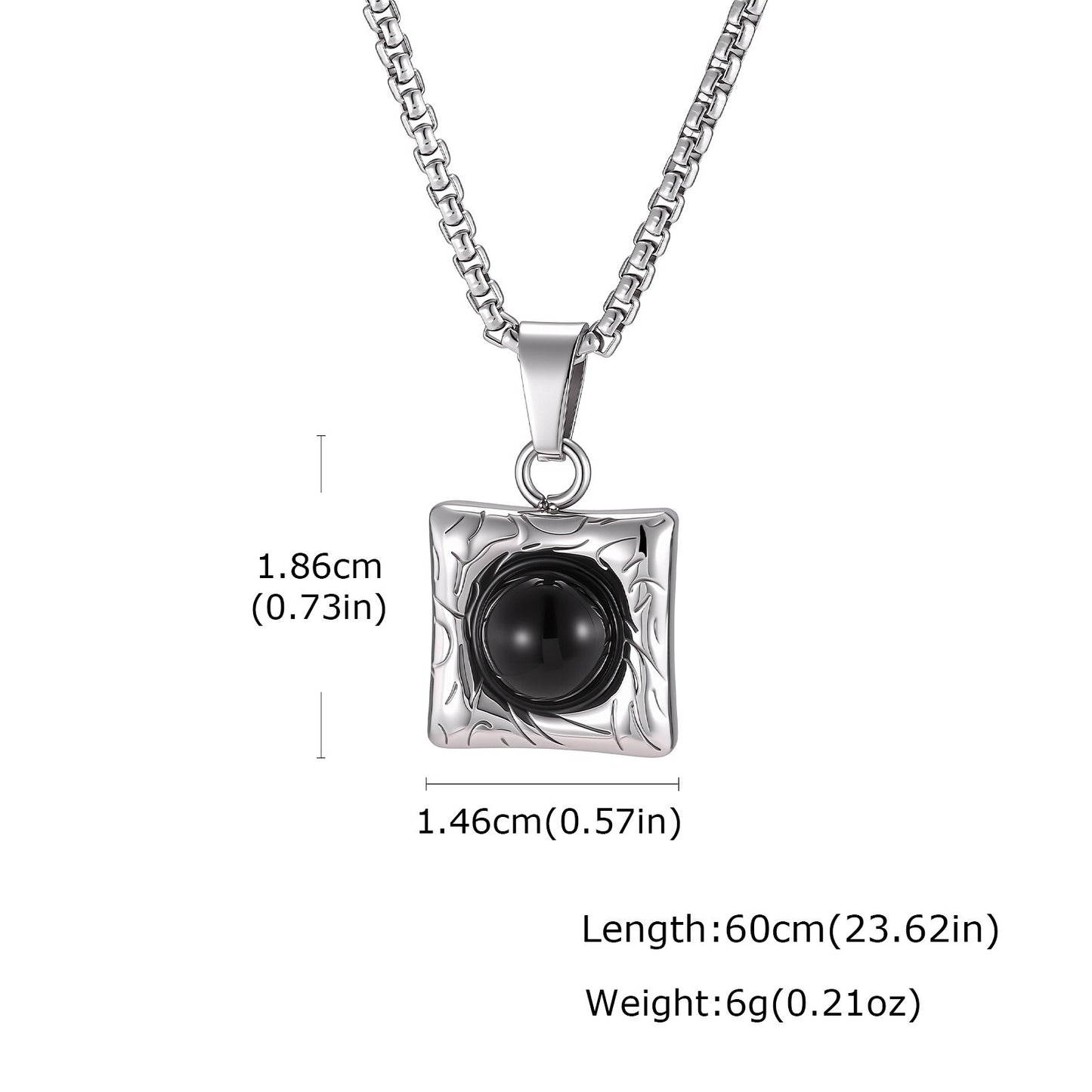 Kemston Stainless Steel Black Onyx Square Pendant Necklace for Men Minimal Stone Design PN-2421