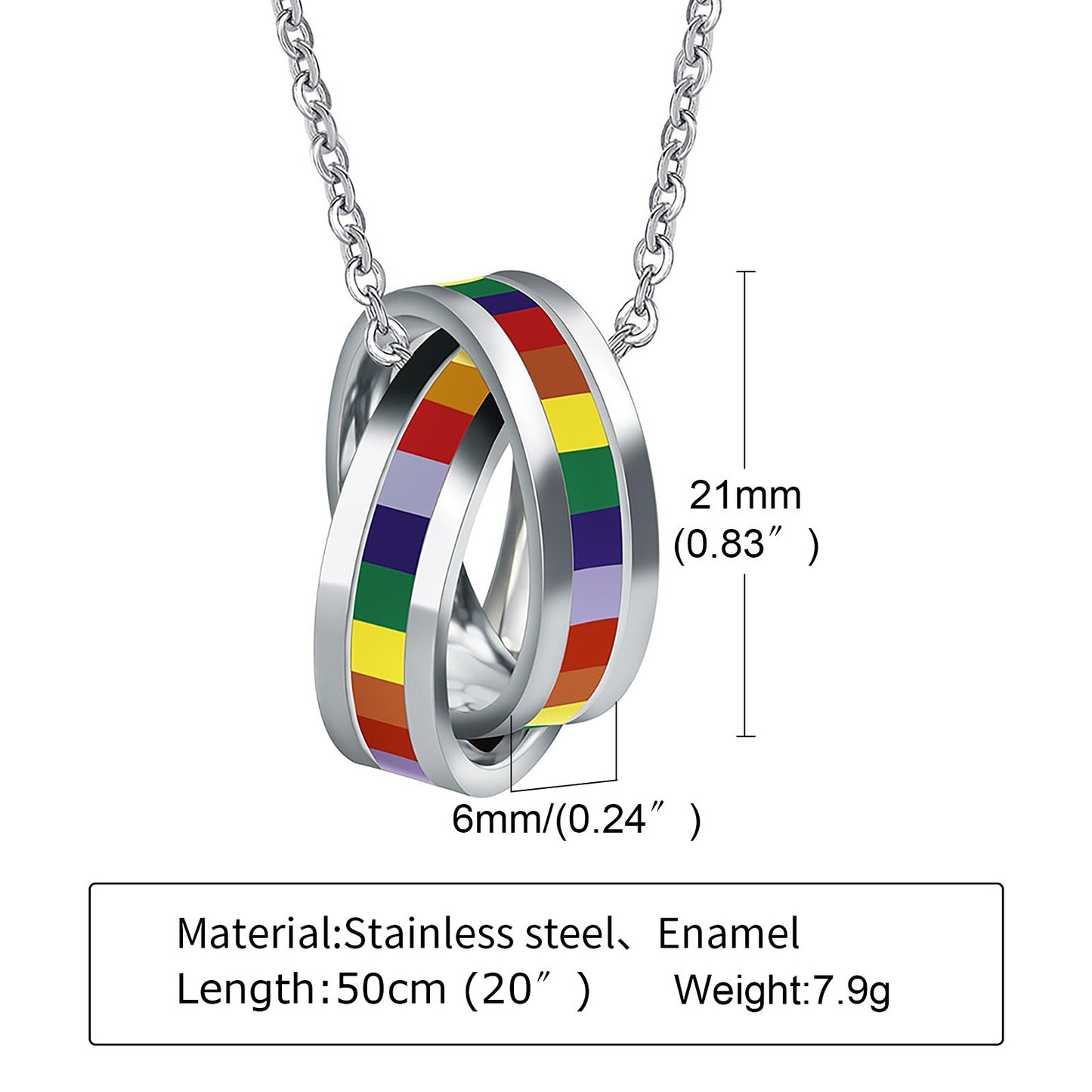 Kemstone Stainless Steel Double Ring Pendant Necklace for Men – Interlocking Color Enamel Bands PPN-006