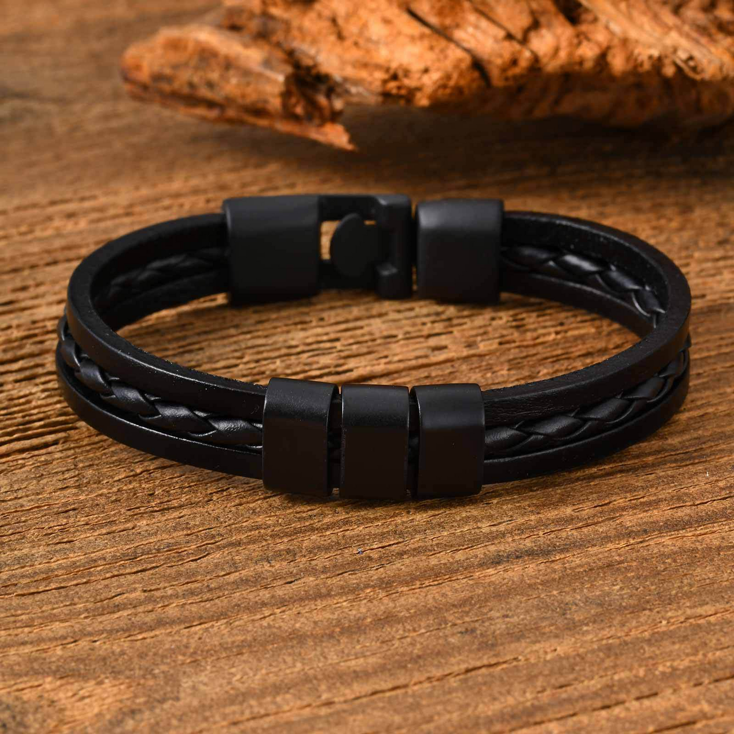 Kemstone Triple Layer PU Leather Bracelet – Black Minimal Street Style for Men BL-826