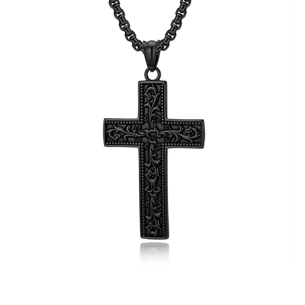 Kemstone Vintage Floral Engraved Cross Stainless Steel Pendant Necklace for Men K-PT703