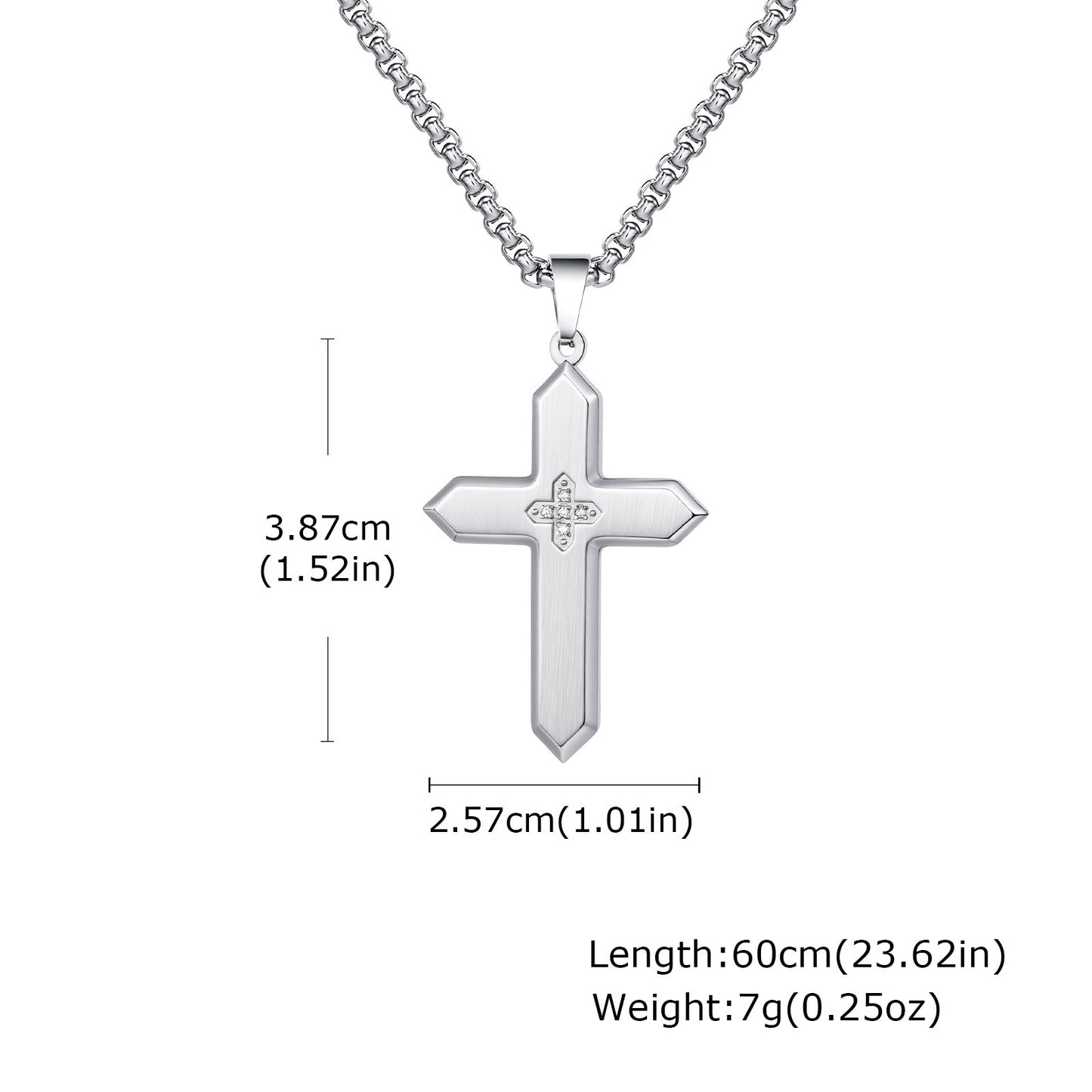 Kemstone Stainless Steel Brushed Cross Pendant Necklace with Cubic Zirconia – Square Link Chain for MenPN-2198