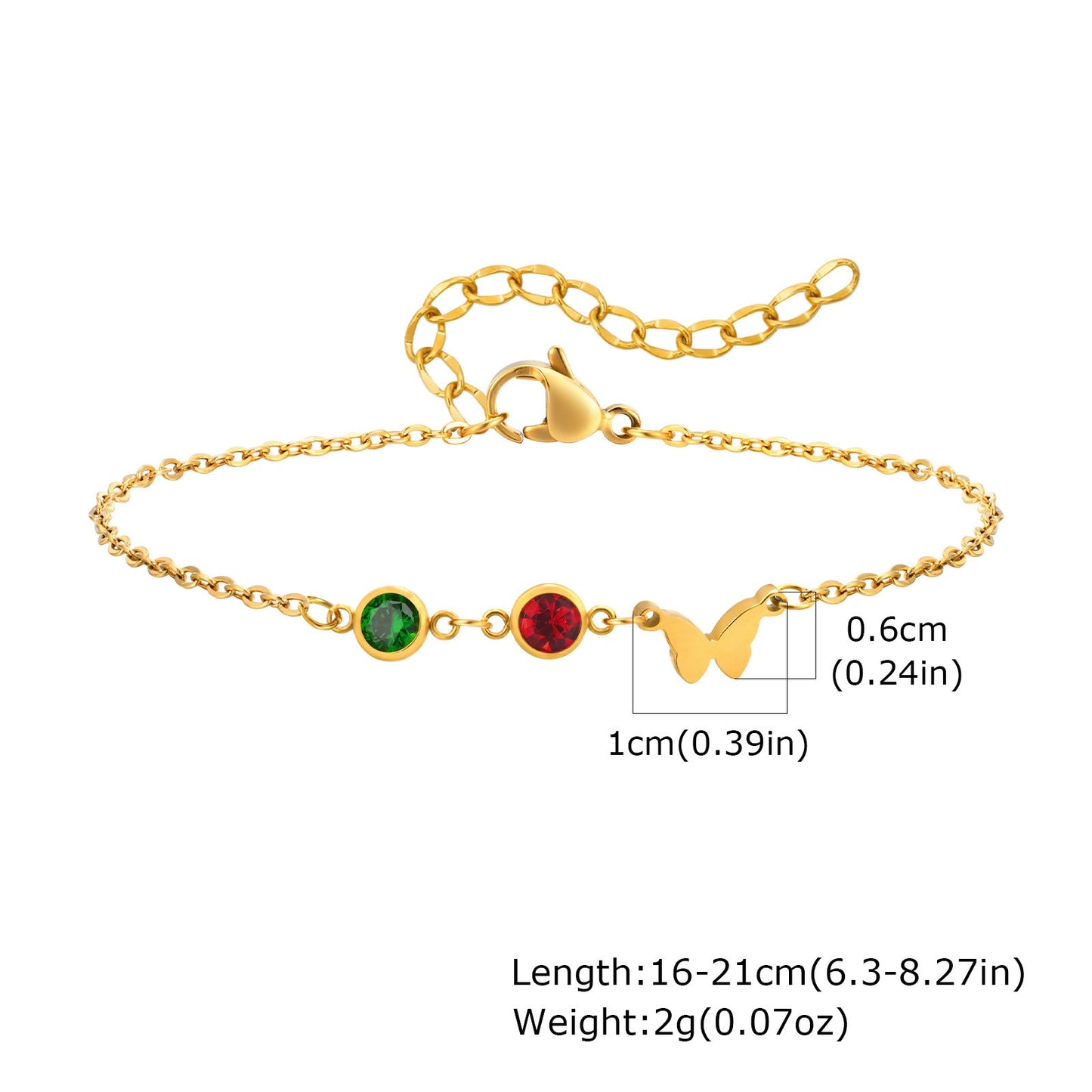 Stainless Steel Flat Cross Chain Bracelet with Red/Green Zirconia Butterfly Accents – Elegant Jewelry for Women BR-2142