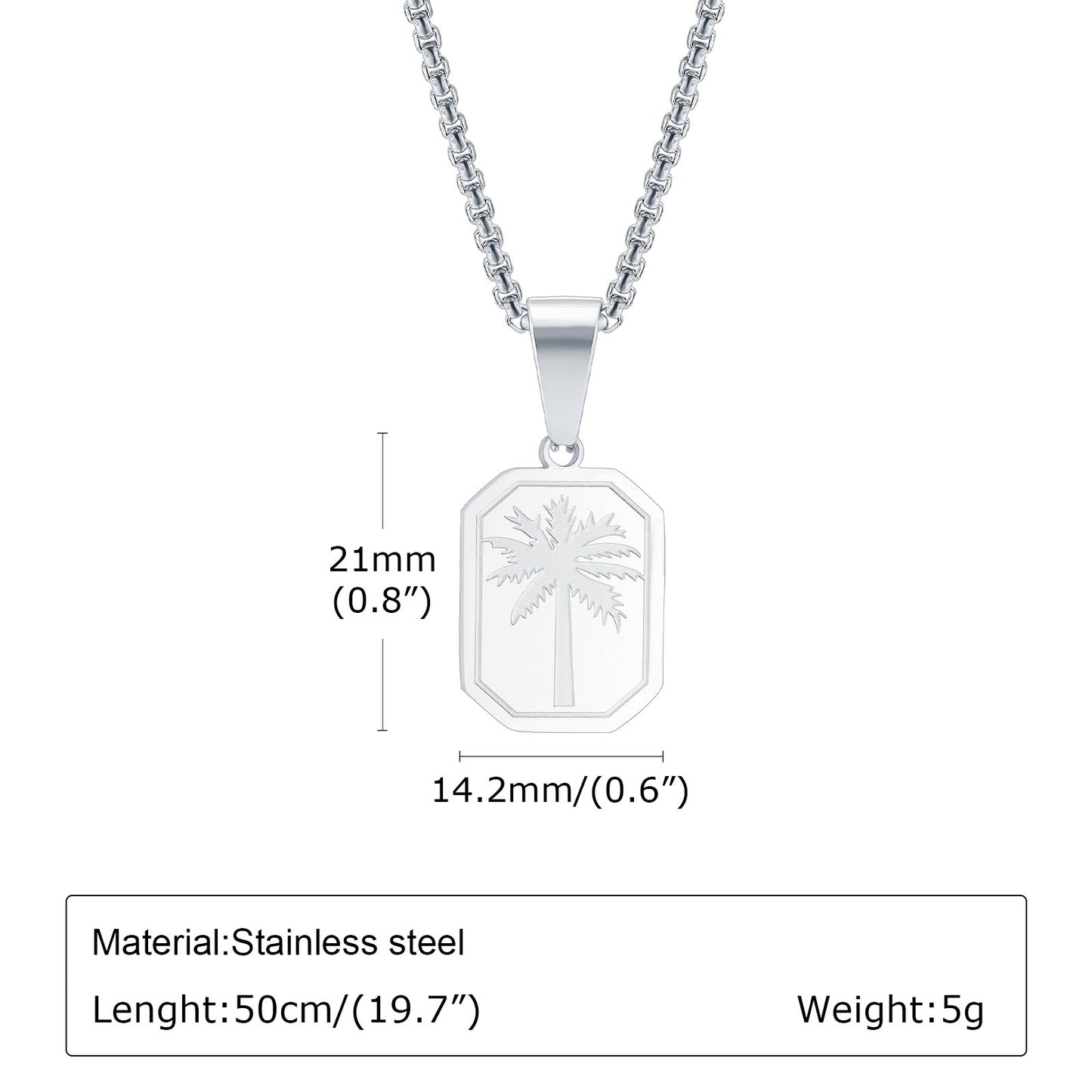 Kemstone Stainless Steel Palm Tree Pendant Necklace – Etched Rectangle Tag, Gold Silver PN-1990