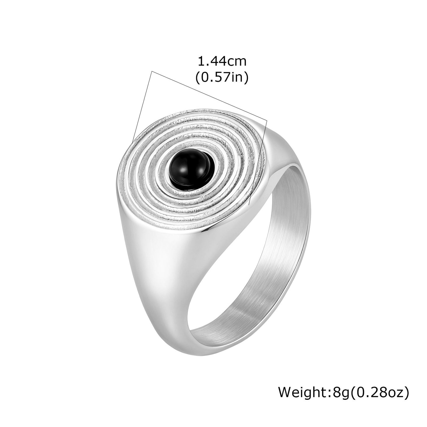 Kemstone Stainless Steel Black Stone Signet Ring for Men Concentric Pattern Vintage RC1108