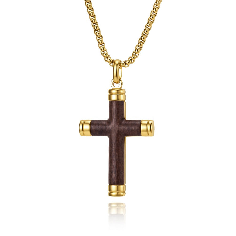 Kemstone Wood Inlay Cross Necklace for Men Stainless Steel Pendant K-PT737