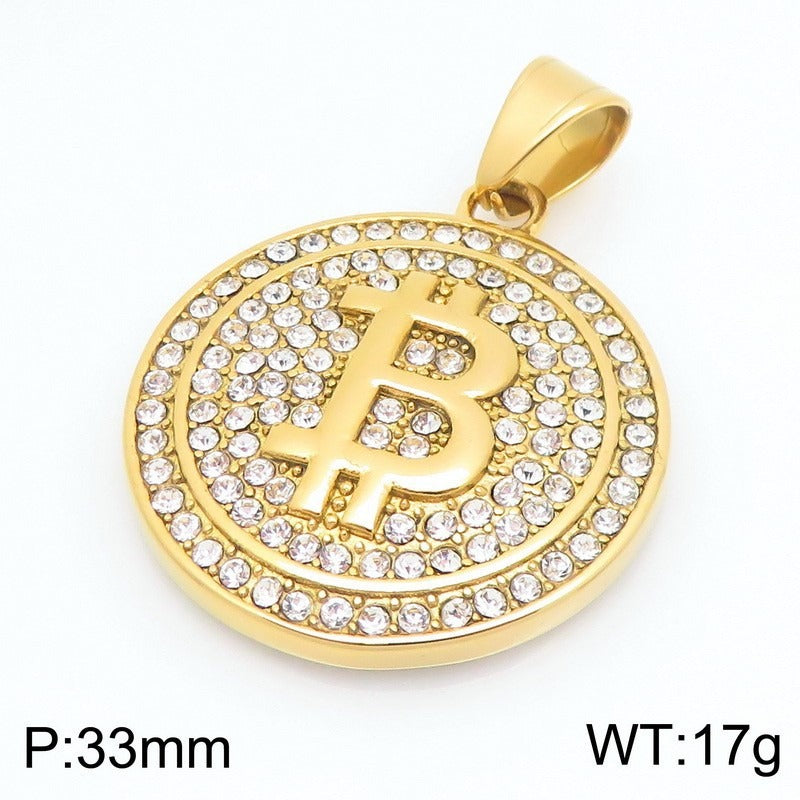 Kemstone Basketball Hoop Coin Pendant Necklace for Men – Rhinestone Titanium Steel Hip Hop Style KP117911-MZOZ