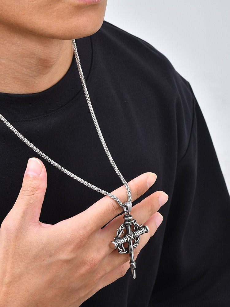 Kemston Thorn-Wrapped Gothic Cross Necklace for Men Stainless Steel Vintage Silver PN-2463S