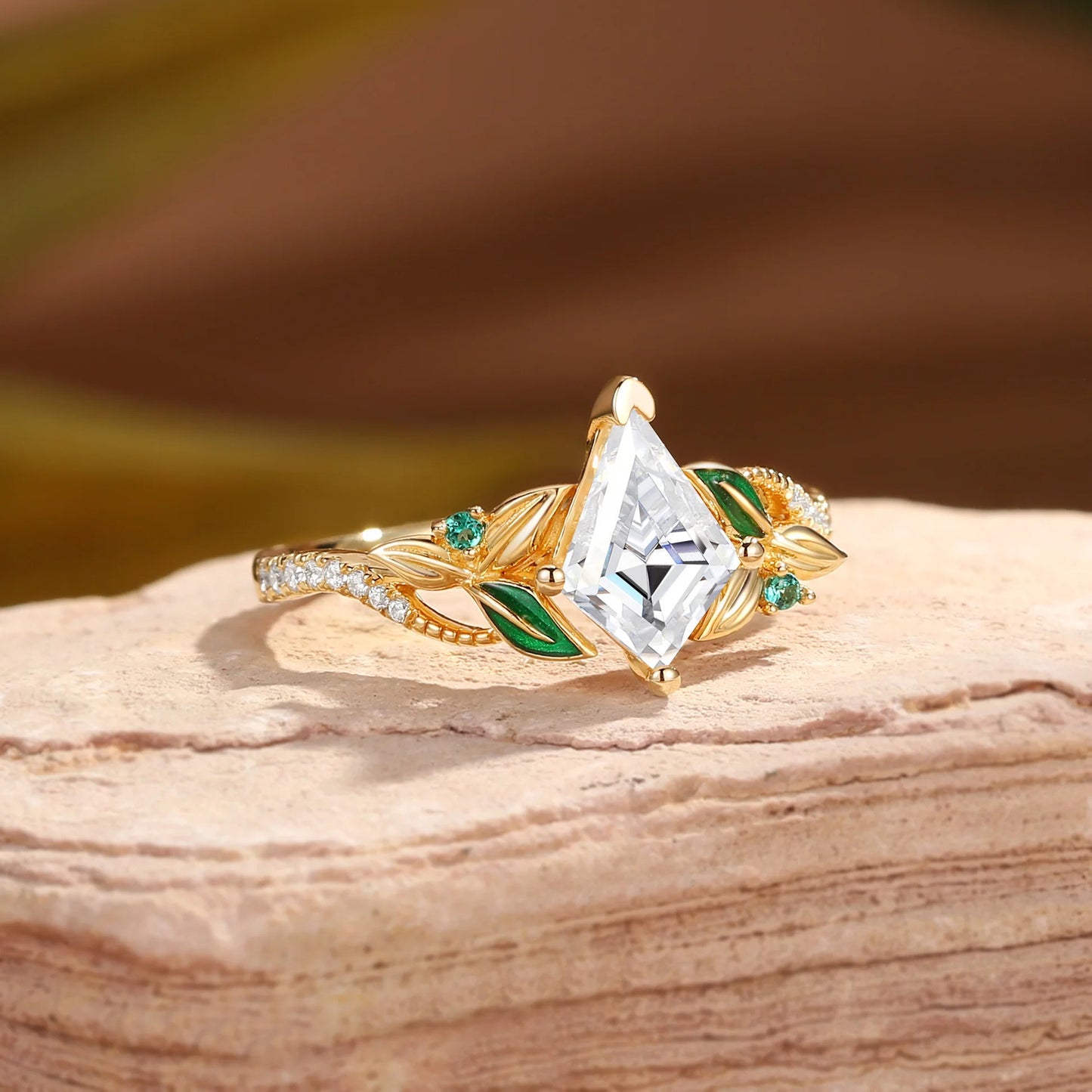 Kemstone Kite Cut Moissanite Leaf Ring Set for Women – Nature Inspired Stackable Engagement Ring in S925 Sterling Silver 18K Gold Plated T7-YC0317RS