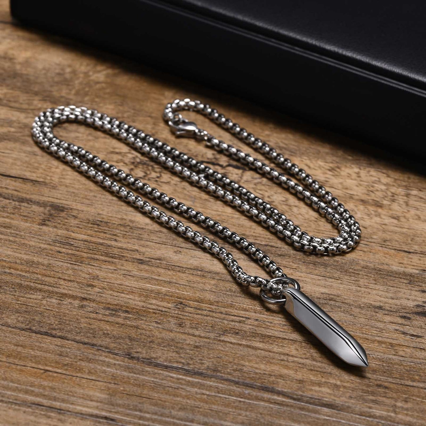 Kemstone Hex Spike Pendant Necklace for Men – Stainless Steel Gothic Nail Amulet Silver & Black PN-1832