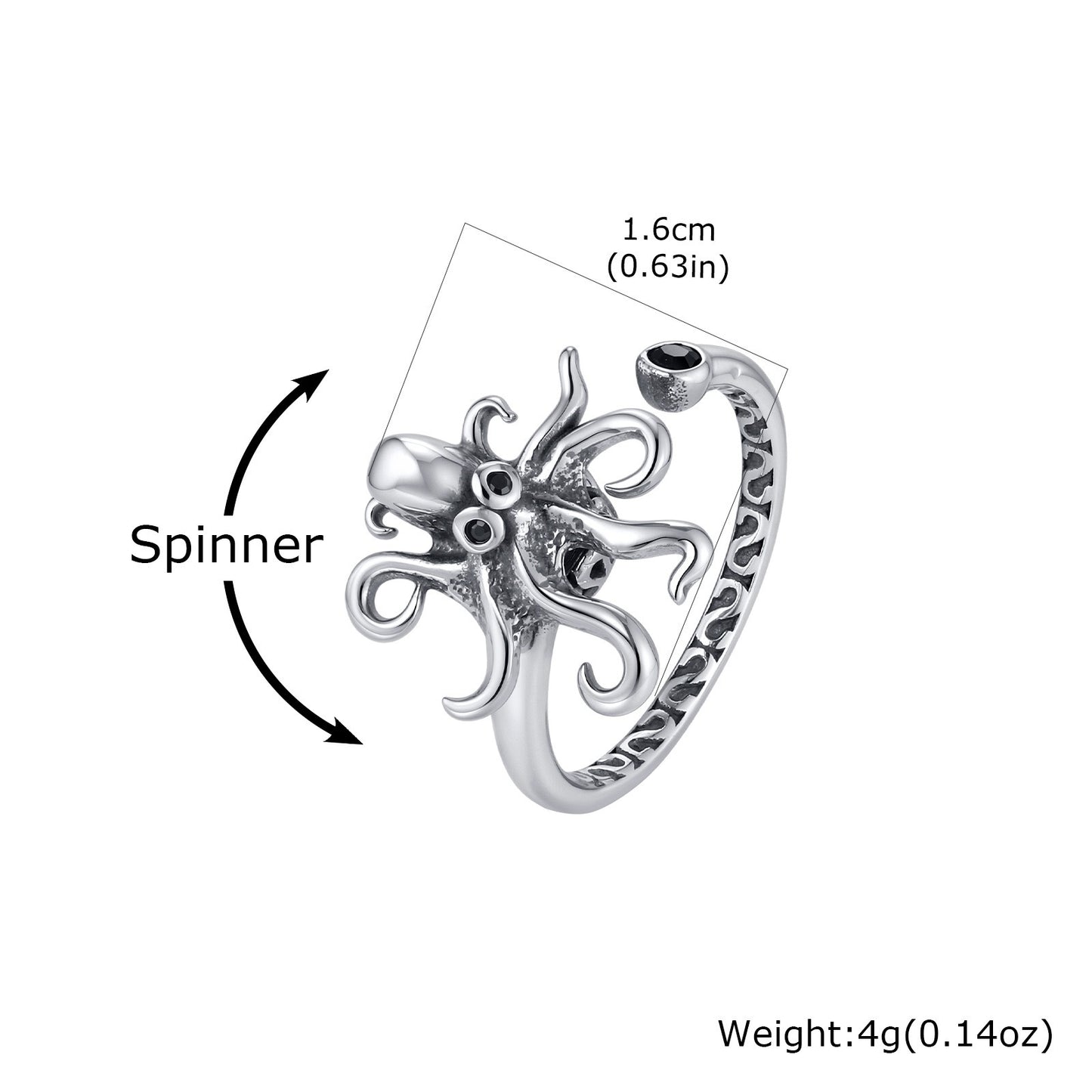 Kemstone Stainless Steel Octopus Spinner Ring for Men Open Vintage Silver RC-1133